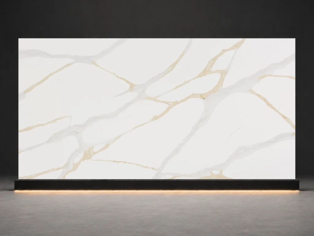 Calacatta Aurelia Quartz P7701 slab with white background and soft gold marble veins