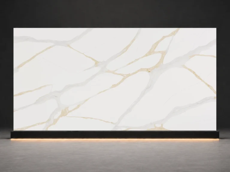 Calacatta Aurelia Quartz P7701 slab with white background and soft gold marble veins