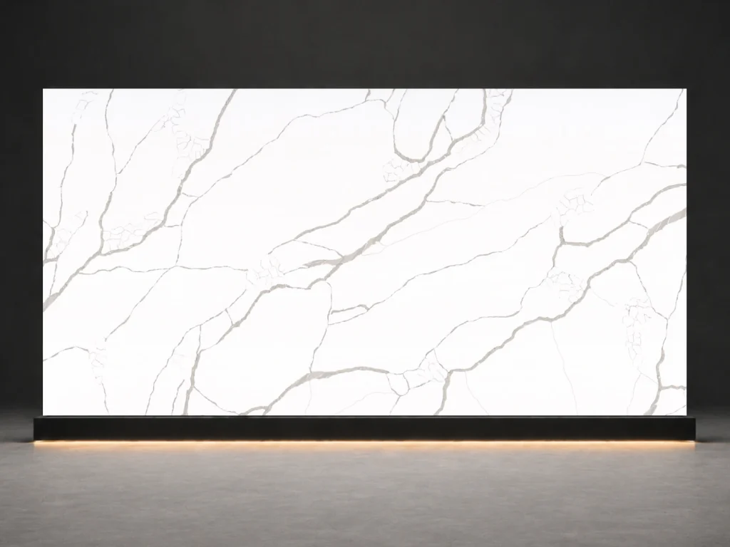 Calacatta Branch Quartz P8621 white quartz slab with grey branch-like veins