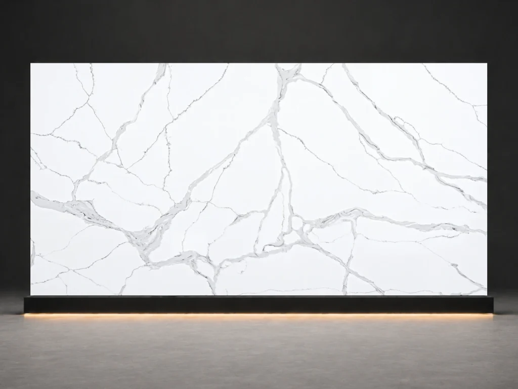 Calacatta Icefield Quartz P8014 slab cover with white quartz surface and cool grey ice-crack veins from LIVO Quartz Malaysia factory