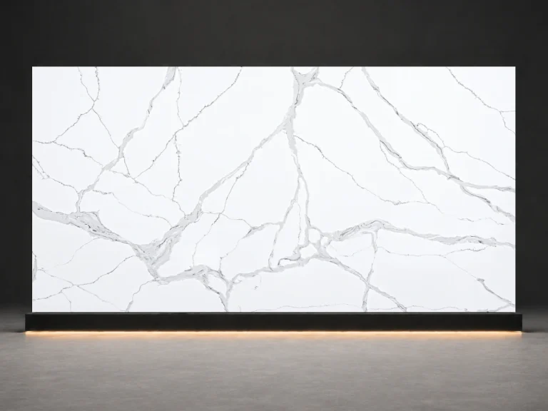 Calacatta Icefield Quartz P8014 slab cover with white quartz surface and cool grey ice-crack veins from LIVO Quartz Malaysia factory