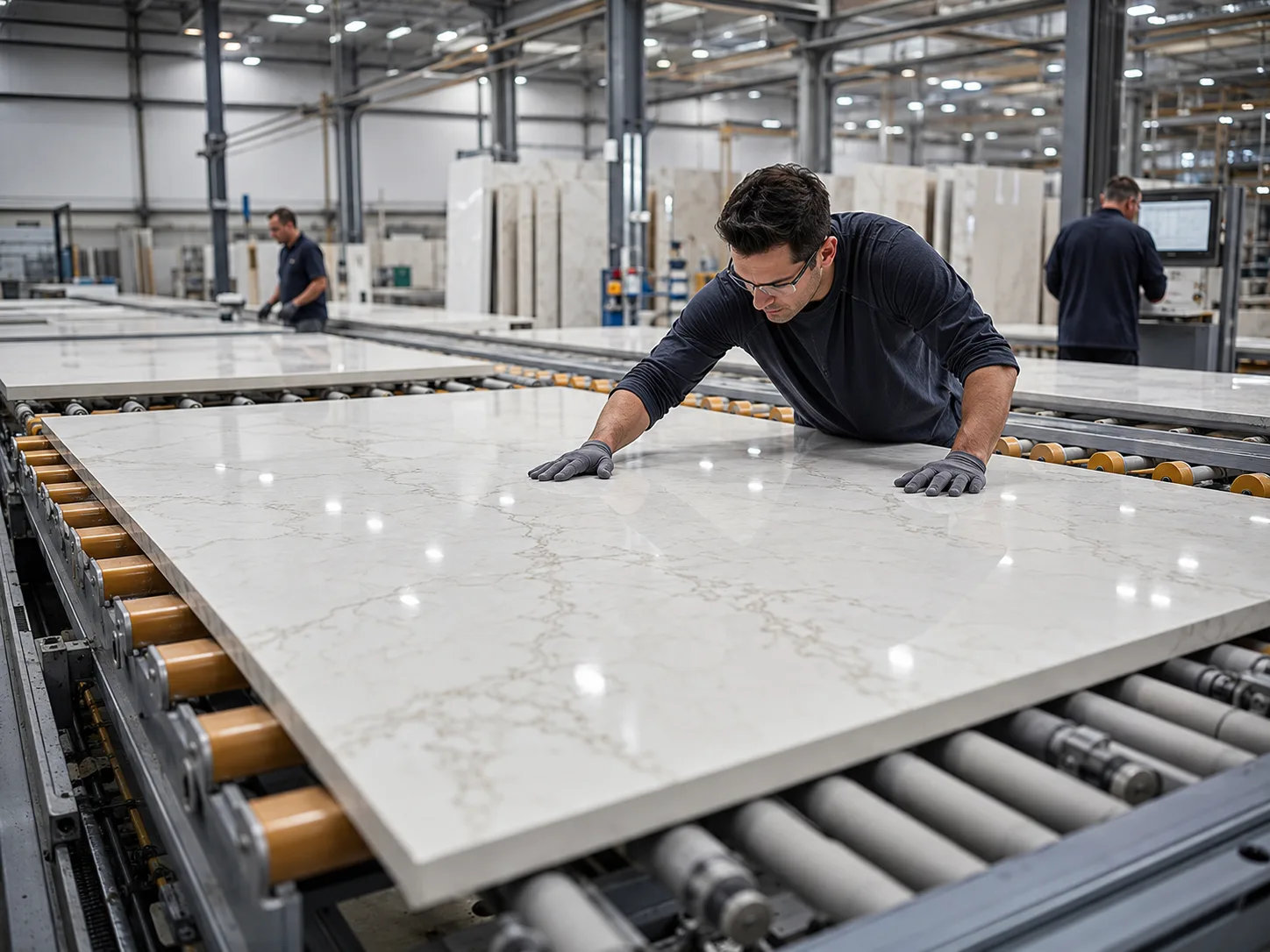 Inside a quartz slab production workshop, large engineered quartz slabs move along a clean processing line while workers inspect surface consistency under bright diffused overhead lighting. The camera looks diagonally across the line from waist height, showing roller tables, polished stone reflections, and fine veining details in the foreground with the background gently softened.