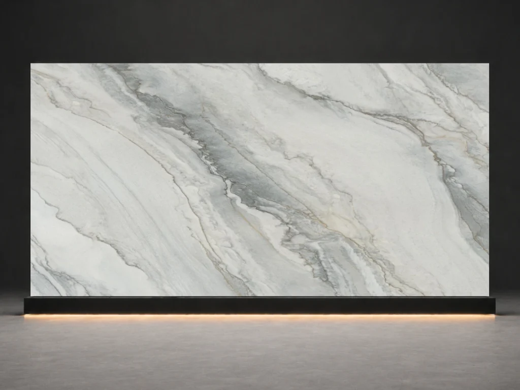White Macaubas Printed Quartz Slab R4515 slab cover showing a stone-inspired printed quartz surface for interior projects.