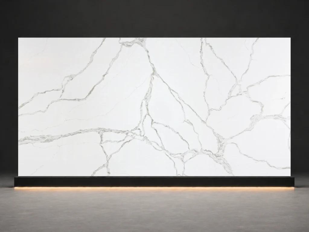Bianco River Quartz P8016 slab cover with white quartz surface and flowing grey river veins from LIVO Quartz Malaysia factory