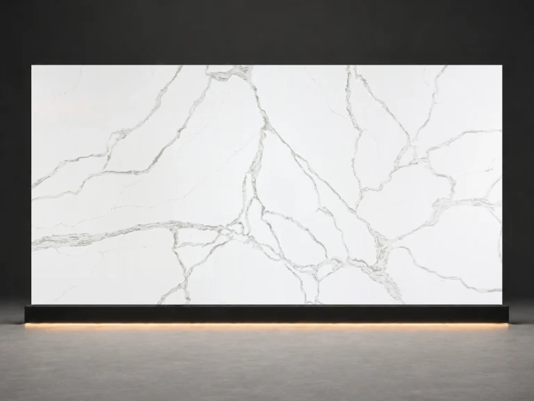 Bianco River Quartz P8016 slab cover with white quartz surface and flowing grey river veins from LIVO Quartz Malaysia factory