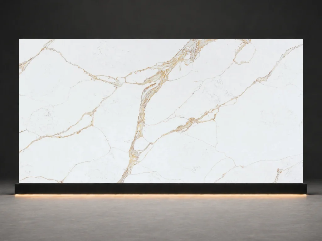 Calacatta Goldstream Quartz P7705 slab cover with white quartz surface and gold stream veins from LIVO Quartz Malaysia factory