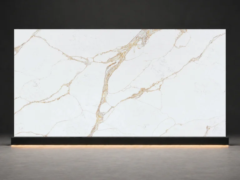 Calacatta Goldstream Quartz P7705 slab cover with white quartz surface and gold stream veins from LIVO Quartz Malaysia factory