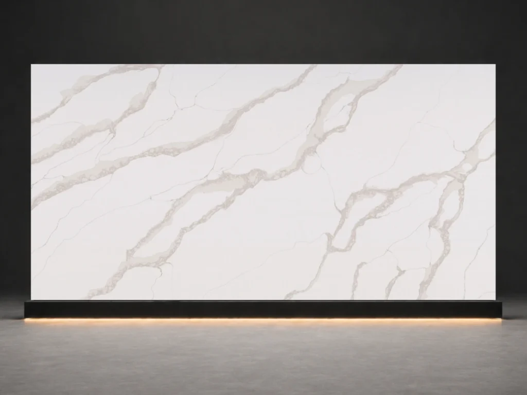 Calacatta Luna Gold Quartz P7803 slab cover with warm white quartz surface and soft champagne gold veins from LIVO Quartz Malaysia factory