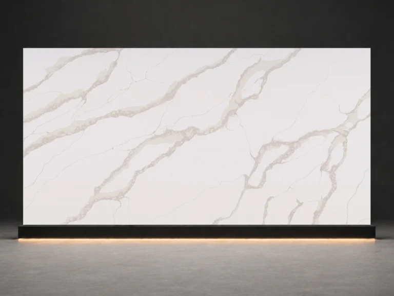 Calacatta Luna Gold Quartz P7803 slab cover with warm white quartz surface and soft champagne gold veins from LIVO Quartz Malaysia factory
