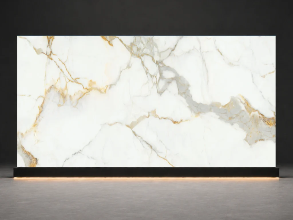Full slab texture of Calacatta Oro Printed Quartz Slab R4511 showing engineered printed quartz pattern movement and surface detail.