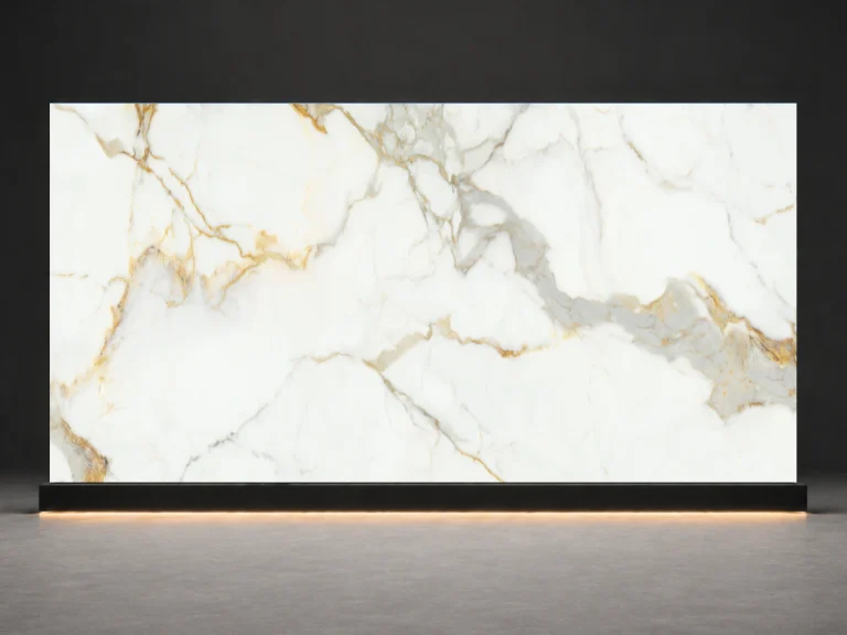 Full slab texture of Calacatta Oro Printed Quartz Slab R4511 showing engineered printed quartz pattern movement and surface detail.