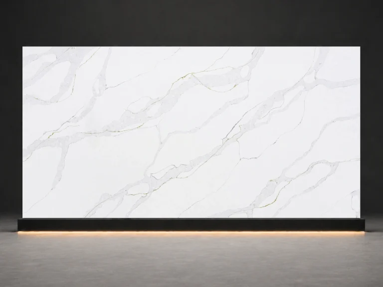Carrara Cloud Quartz P9180 slab cover with white quartz surface and soft Carrara cloud veins from LIVO Quartz Malaysia factory
