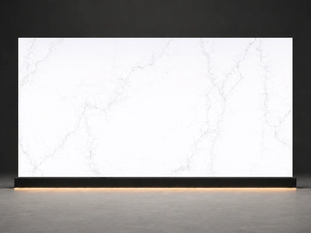 Carrara Mist Quartz P7509 slab cover with white quartz surface and soft Carrara mist veins from LIVO Quartz Malaysia factory