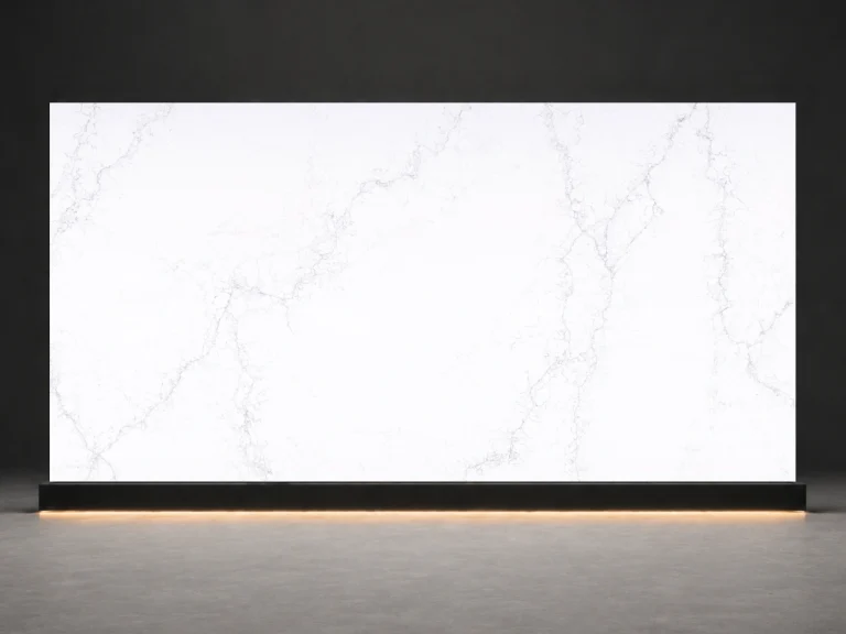 Carrara Mist Quartz P7509 slab cover with white quartz surface and soft Carrara mist veins from LIVO Quartz Malaysia factory