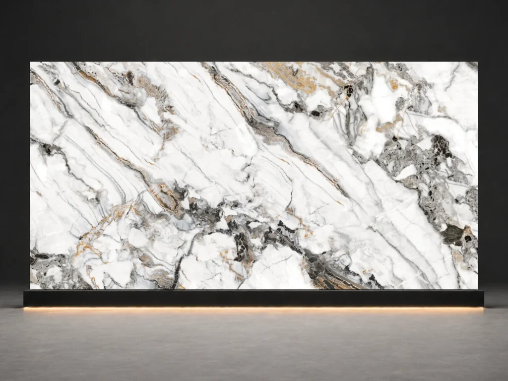 Panda White Printed Quartz Slab R4518 slab cover showing a stone-inspired printed quartz surface for interior projects.