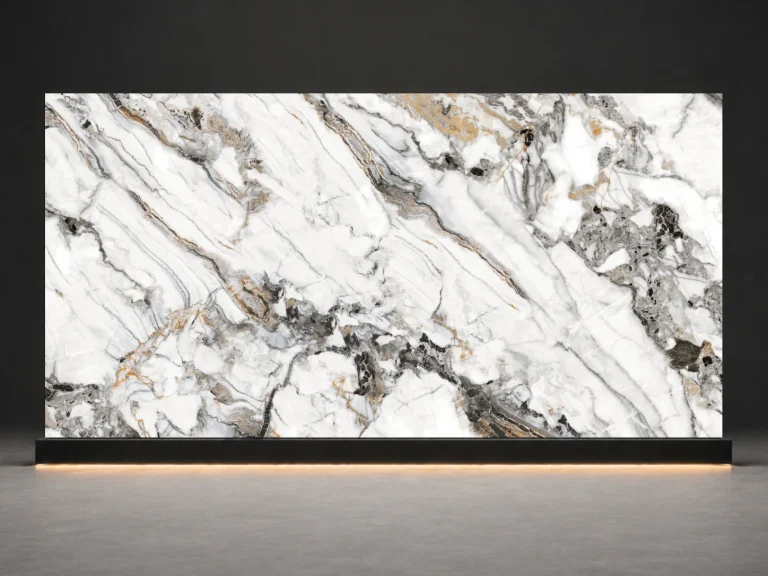 Panda White Printed Quartz Slab R4518 slab cover showing a stone-inspired printed quartz surface for interior projects.