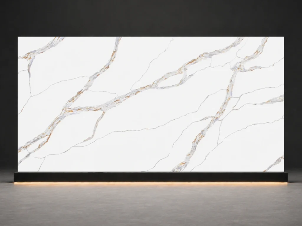 Statuario Silver Quartz P8011 slab cover with white quartz surface, silver grey veins, and subtle warm mineral accents from LIVO Quartz Malaysia factory
