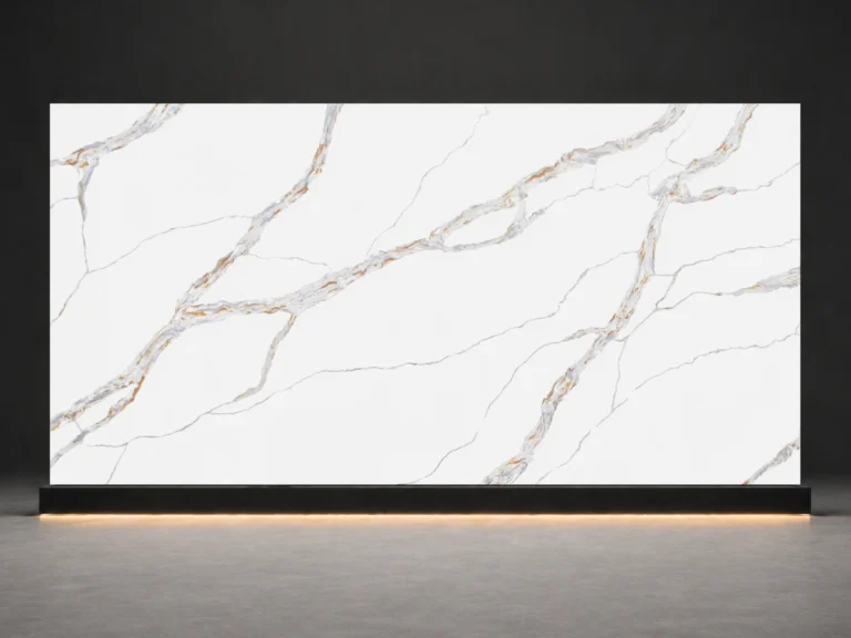 Statuario Silver Quartz P8011 slab cover with white quartz surface, silver grey veins, and subtle warm mineral accents from LIVO Quartz Malaysia factory