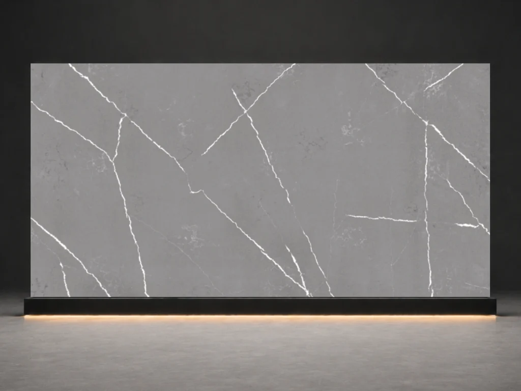 Storm Grey Vein Quartz P7503 slab cover with dark grey quartz surface and sharp white marble veins from LIVO Quartz Malaysia factory