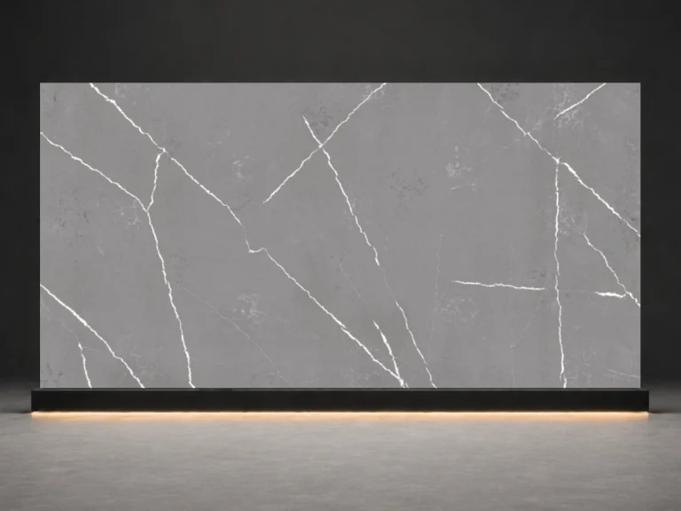 Storm Grey Vein Quartz P7503 slab cover with dark grey quartz surface and sharp white marble veins from LIVO Quartz Malaysia factory