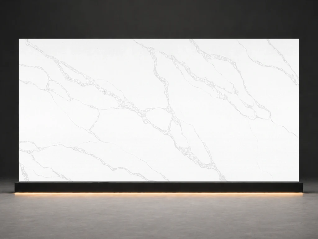 Venato Pearl Quartz P8010 slab cover with pearl white quartz surface and fine grey Venato veins from LIVO Quartz Malaysia factory