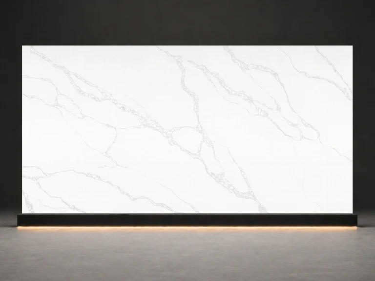Venato Pearl Quartz P8010 slab cover with pearl white quartz surface and fine grey Venato veins from LIVO Quartz Malaysia factory