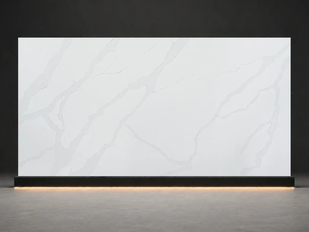 White Haven Quartz P8042 slab cover with soft white quartz surface and light mist grey veins from LIVO Quartz Malaysia factory