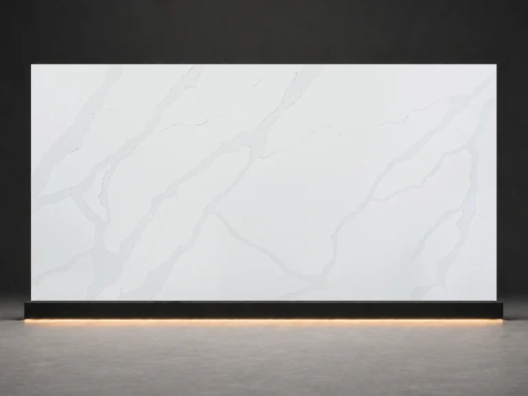 White Haven Quartz P8042 slab cover with soft white quartz surface and light mist grey veins from LIVO Quartz Malaysia factory