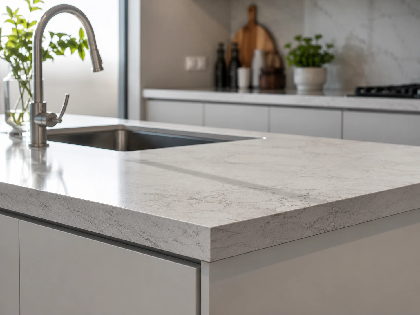 A modern apartment kitchen countertop made from light grey quartz with subtle veining, installed over matte white cabinets and paired with stainless fixtures. Soft morning window light runs across the polished surface, shot from a waist-height three-quarter angle with the countertop corner as the focal point and a calm neutral interior palette in the background.