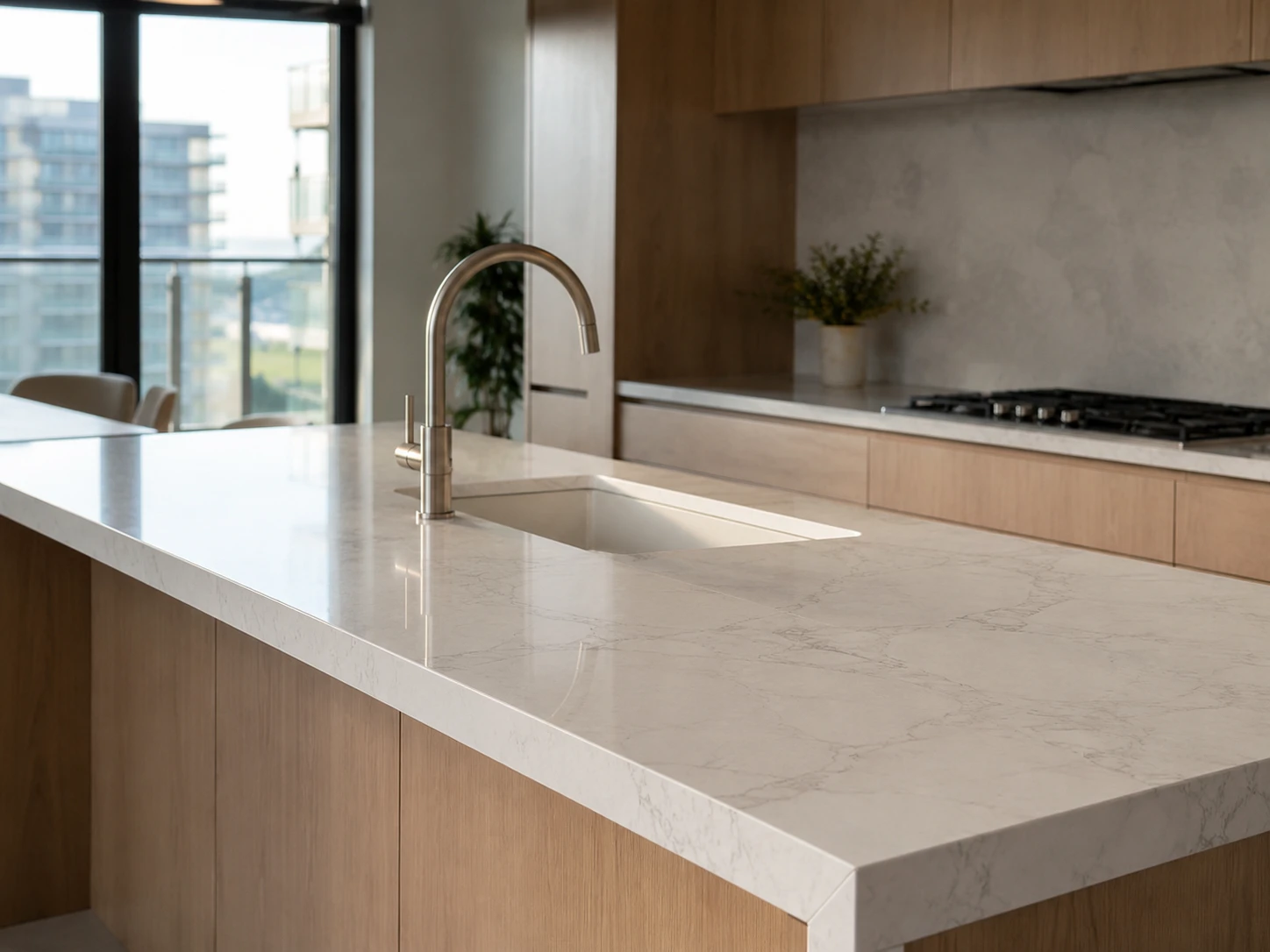 A finished quartz kitchen countertop installed in a modern apartment project setting, with a white undermount sink, slim faucet, pale wood cabinets, and a subtle marble-inspired surface running across the island. Soft afternoon window light creates clean reflections and highlights the mitered edge and smooth joint line. Shot from a front three-quarter angle with balanced negative space, giving a calm, project-ready residential mood.