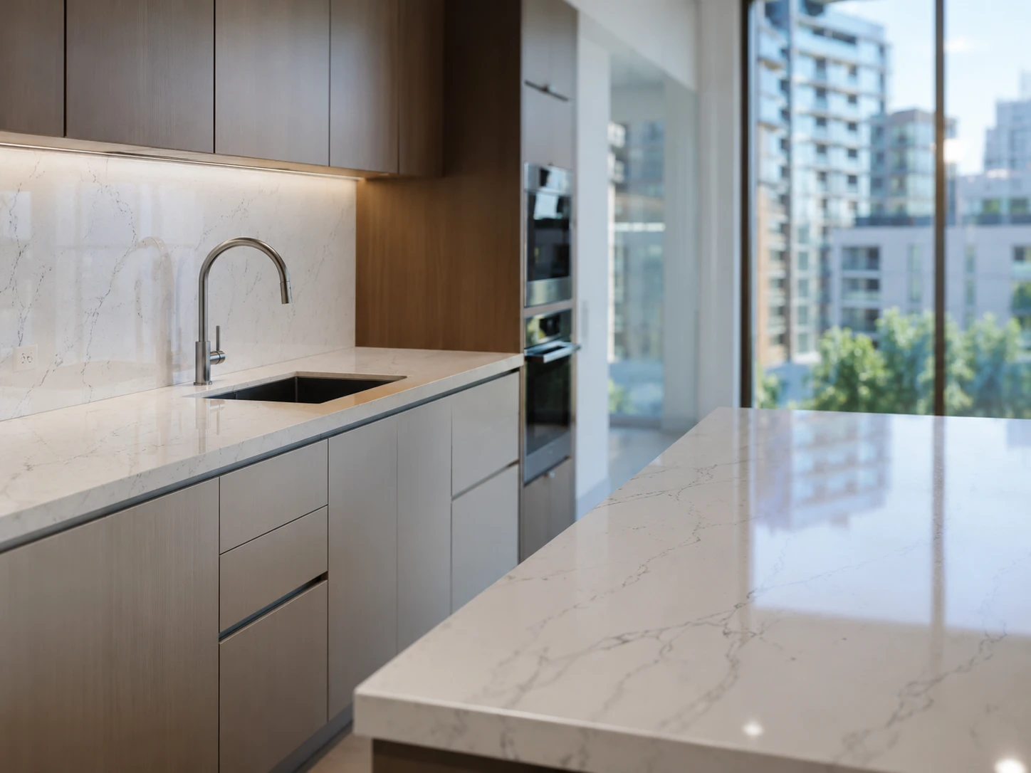 A bright apartment kitchen in a new multi-unit residential building shows white marble-look quartz countertops installed across matching cabinet runs and a compact island. Soft morning window light reflects gently on the polished surface, revealing subtle grey veining and consistent color from unit to unit. The camera is set at counter height on a 35mm lens from a three-quarter angle, with clean cabinetry, sink cutout, and negative space emphasizing repeatable project application.