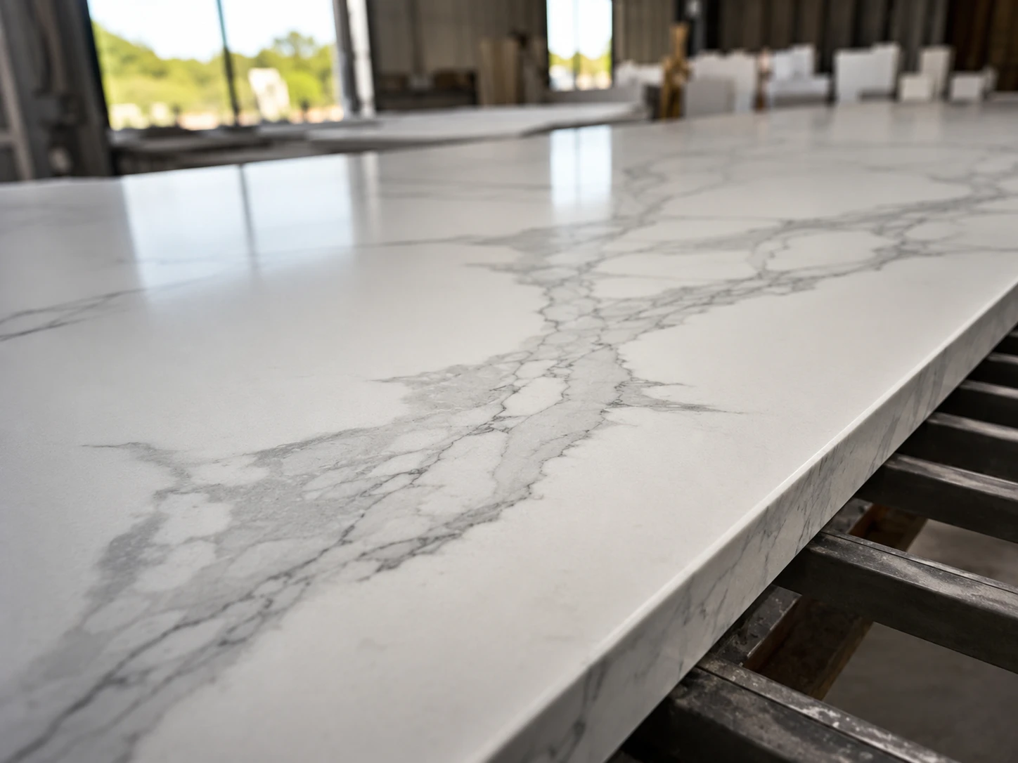 A close-up of a polished Calacatta-style quartz slab surface on a factory inspection table, showing soft grey veining, a clean white base, and subtle reflected light. Side lighting from a large workshop window reveals the surface texture and edge thickness. The camera is positioned at a shallow angle with the vein movement leading diagonally through the frame.