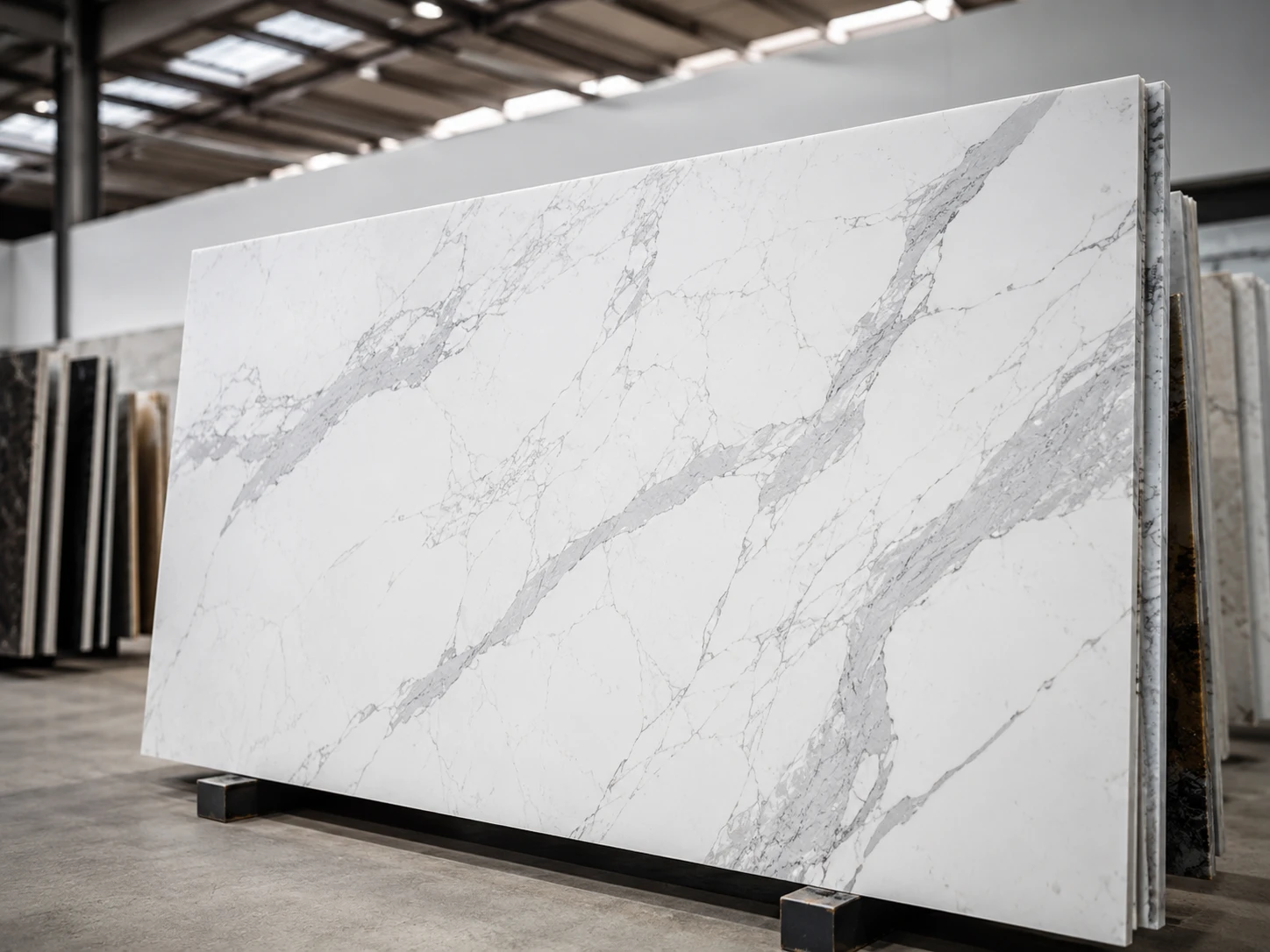 A large Calacatta quartz slab stands upright in a clean slab warehouse, its bright white base and broad grey veining visible under diffused overhead daylight. The camera views the surface from a low three-quarter angle with a 50mm lens feel, framing the vein movement along the rule of thirds while surrounding A-frame racks fade softly in the background.