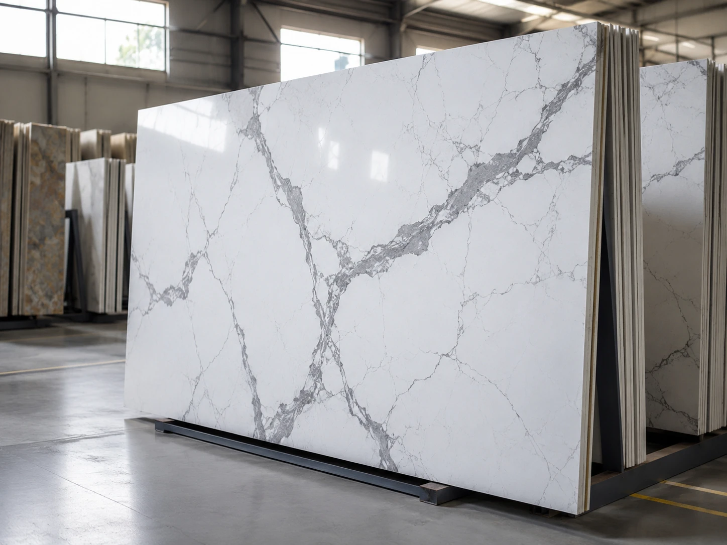 A full Calacatta quartz slab standing upright in a clean slab warehouse, with bold grey veining running across a bright white surface and nearby A-frame racks holding matching slabs. Soft diffused daylight enters from high factory windows, creating gentle reflections on the polished finish. The camera views the slab from a low three-quarter angle with the veining centered and the background slightly softened.