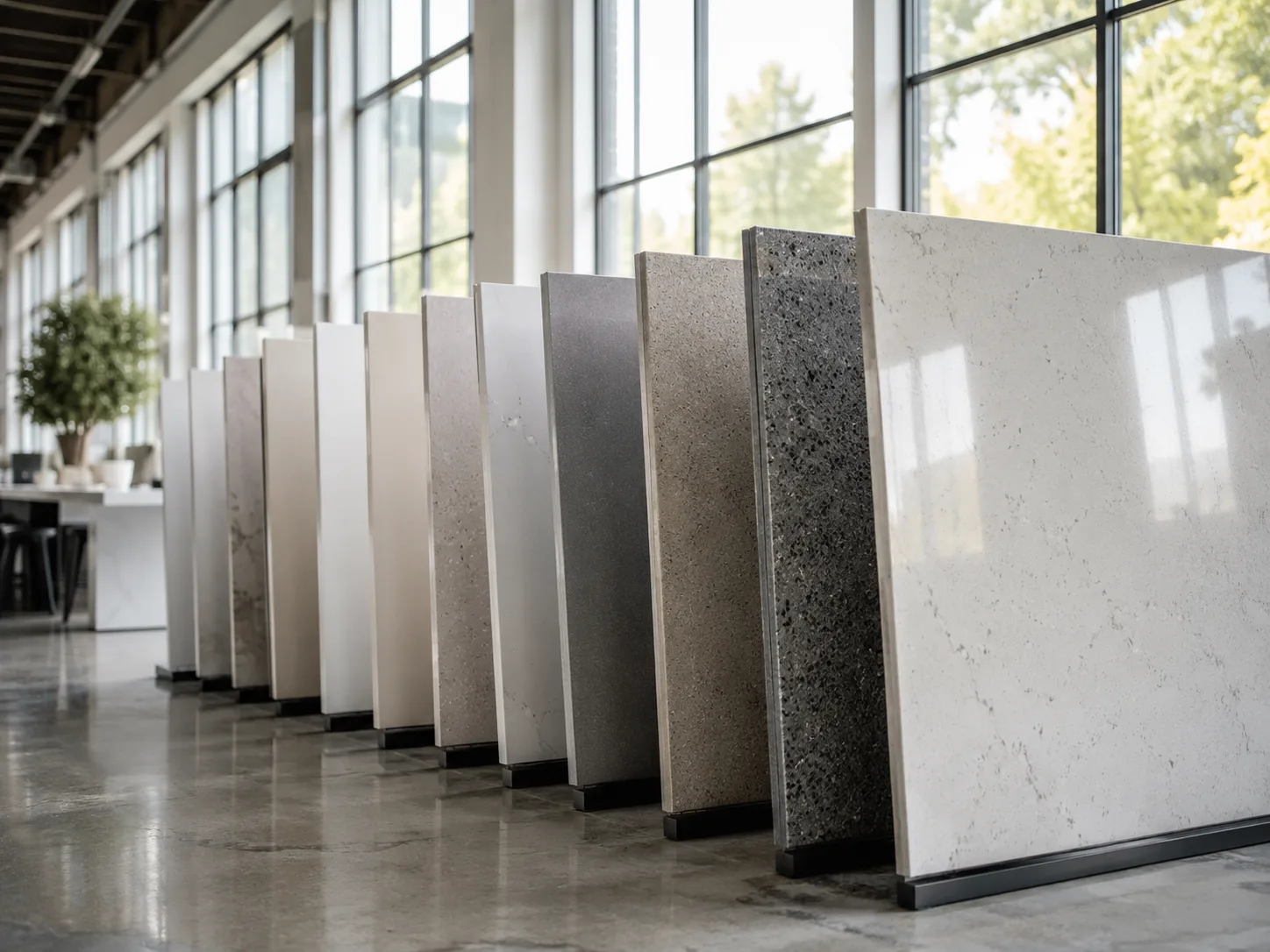 A neat row of solid and classic quartz slab samples stands upright in a bright factory showroom, showing whites, greys, creams, and soft speckled tones with subtle polished reflections. Soft morning light enters from tall side windows, and the camera views the samples from a low three-quarter angle with clean negative space around the main slabs.