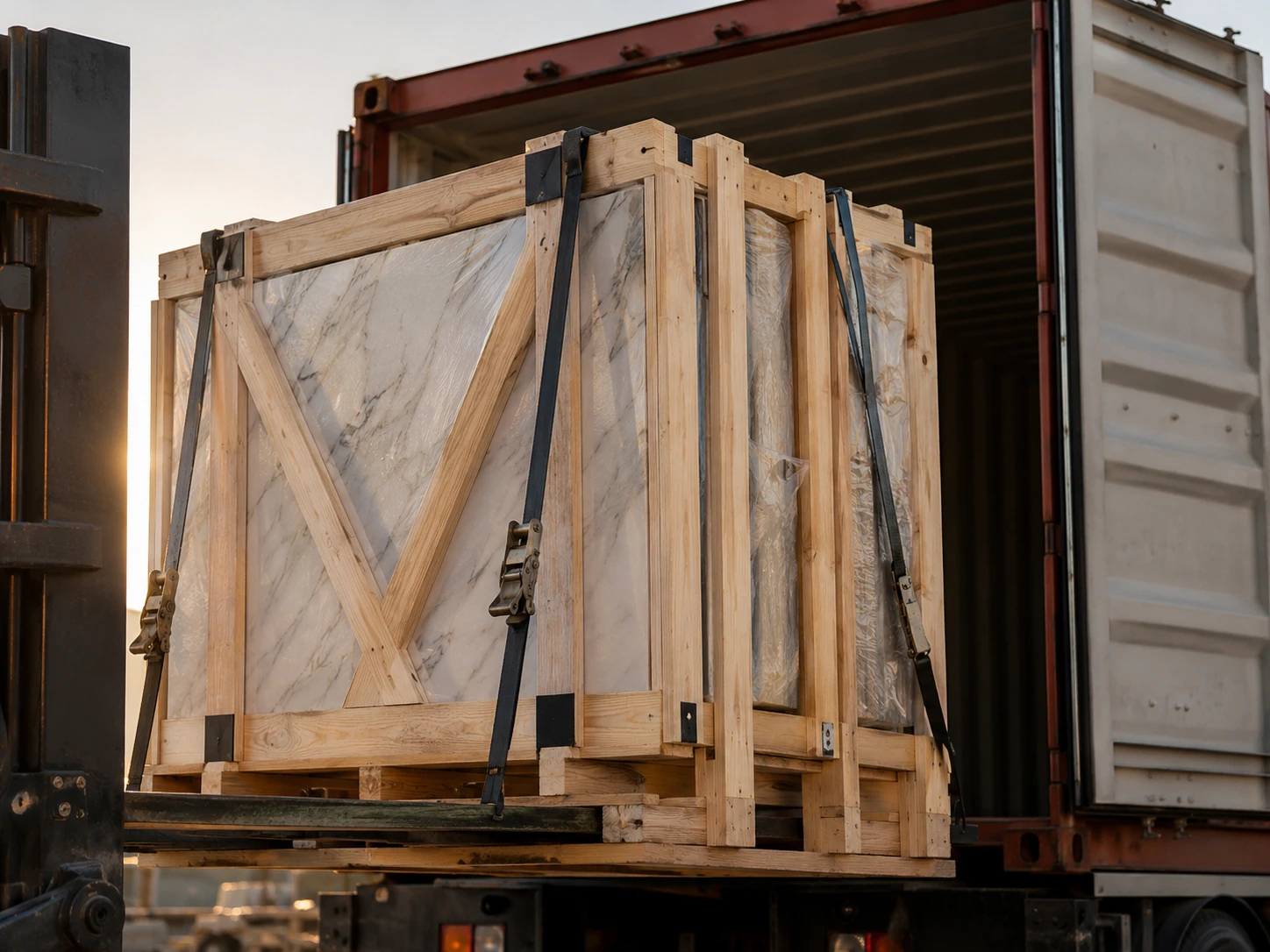 A container loading area where packed quartz slabs are secured in reinforced wooden A-frame crates beside an open shipping container. Warm late-afternoon light highlights straps, crate bracing, forklift forks, and protective corner guards. The camera frames the crate and container door from a low three-quarter angle, showing practical export handling, dense material weight, and careful shipment preparation.