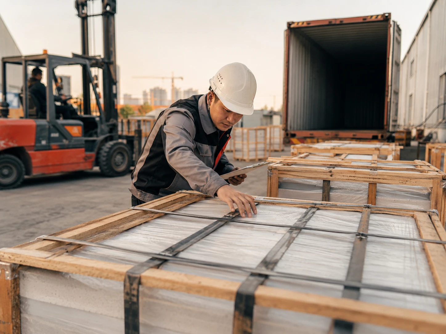 An export loading area where packed quartz countertop crates are being checked before container loading, with wooden bundles, corner protectors, forklifts, and a partially open shipping container visible. Late afternoon light creates warm highlights on the packing materials, shot from a low three-quarter angle to show QC inspection and shipment preparation.