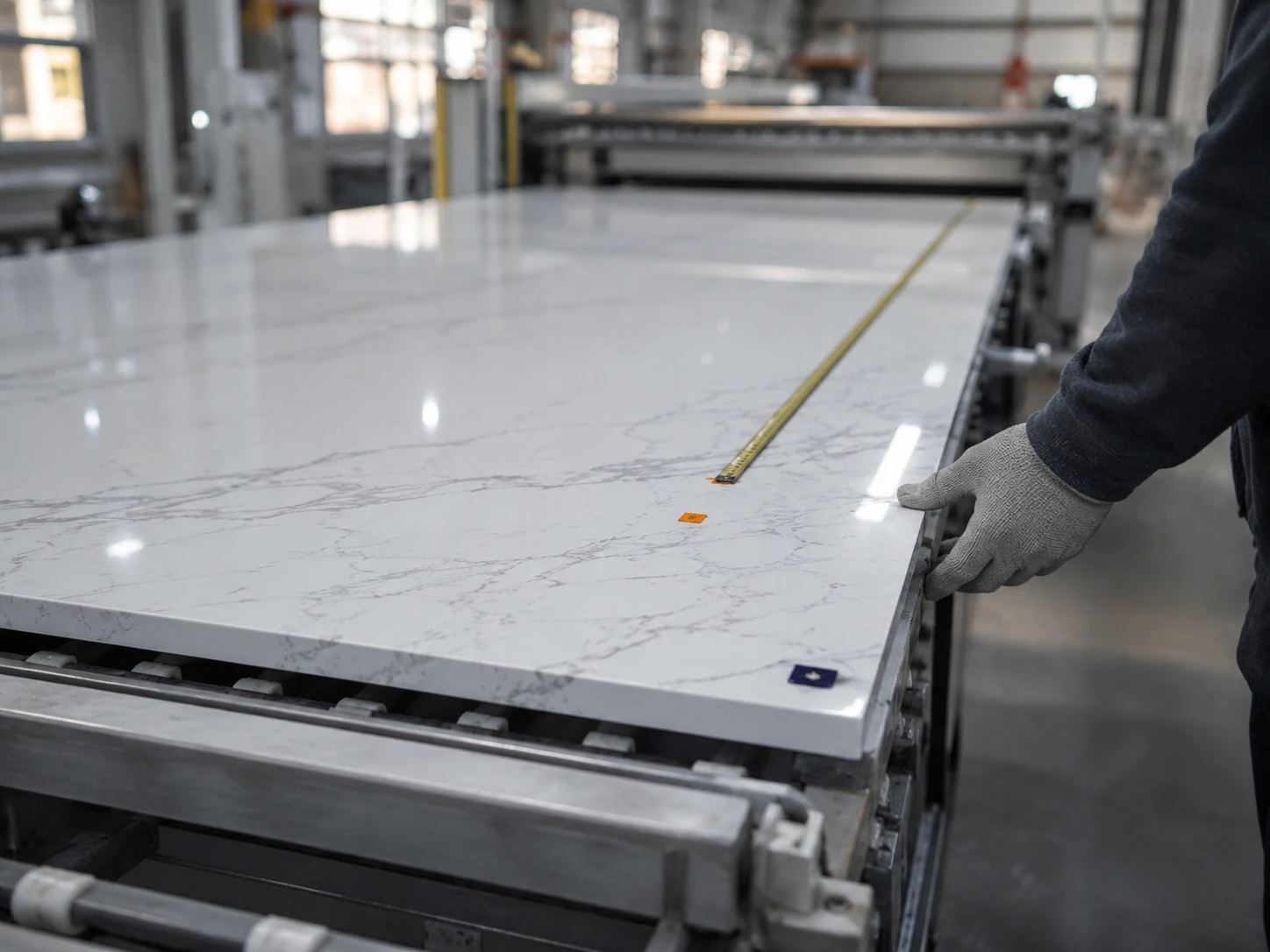 A close view of engineered quartz slabs during factory inspection, showing a polished Calacatta-style surface with subtle grey veining, a measuring tape, inspection stickers, and gloved hands checking the edge. Cool overhead workshop lighting mixes with side daylight, revealing fine reflections and surface flatness. The camera is positioned at countertop height with a 50mm focal feel, keeping the slab texture crisp while the production line recedes softly.