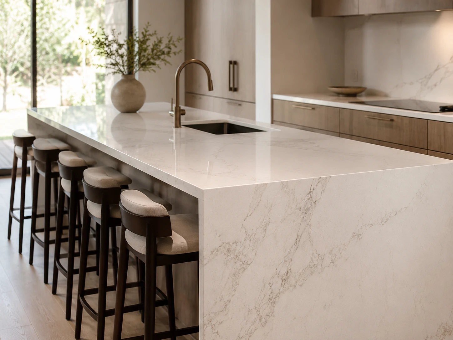 A completed quartz kitchen countertop is installed on modern flat-panel cabinets in a bright residential project setting, with a waterfall edge, undermount sink, and muted cabinet hardware. Soft morning window light rakes across the surface, revealing a marble-look pattern and clean seam alignment. The camera frames the island from a centered three-quarter angle, leaving calm negative space for a premium project-supply atmosphere.