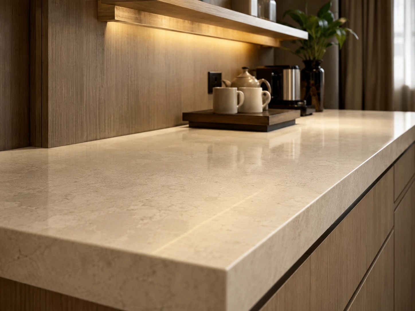 A guest room refreshment counter finished with light beige quartz, placed beside a timber wall panel, ceramic cups, a small tray, and soft concealed lighting under a floating shelf. The scene is framed from counter height with balanced negative space, showing subtle mineral-like texture, polished reflections, and a warm neutral hospitality palette.