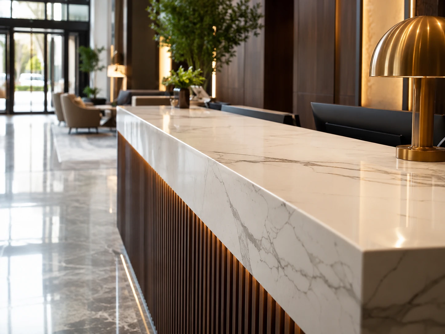 A long hotel reception counter surfaced with warm white quartz and soft grey veining, placed in a contemporary lobby with brass accents, potted greenery, and polished stone flooring. Morning light enters from tall glass doors on the left, creating gentle reflections across the countertop. The camera views the counter from a low three-quarter angle with a 50mm focal feel, keeping the front edge and veining crisp while the seating area fades softly behind it.