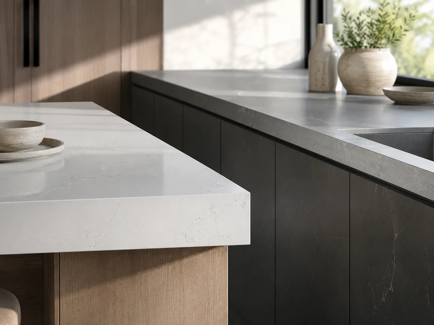A modern kitchen countertop scene showing a white quartz island beside a grey quartz perimeter counter, with cabinet doors, sink cutout, and a few simple ceramic props. Diffused daylight from a side window reveals the fine surface texture, polished sheen, and contrast between bright and muted tones. The composition is centered on the countertop edges, photographed from counter height with a calm premium palette.