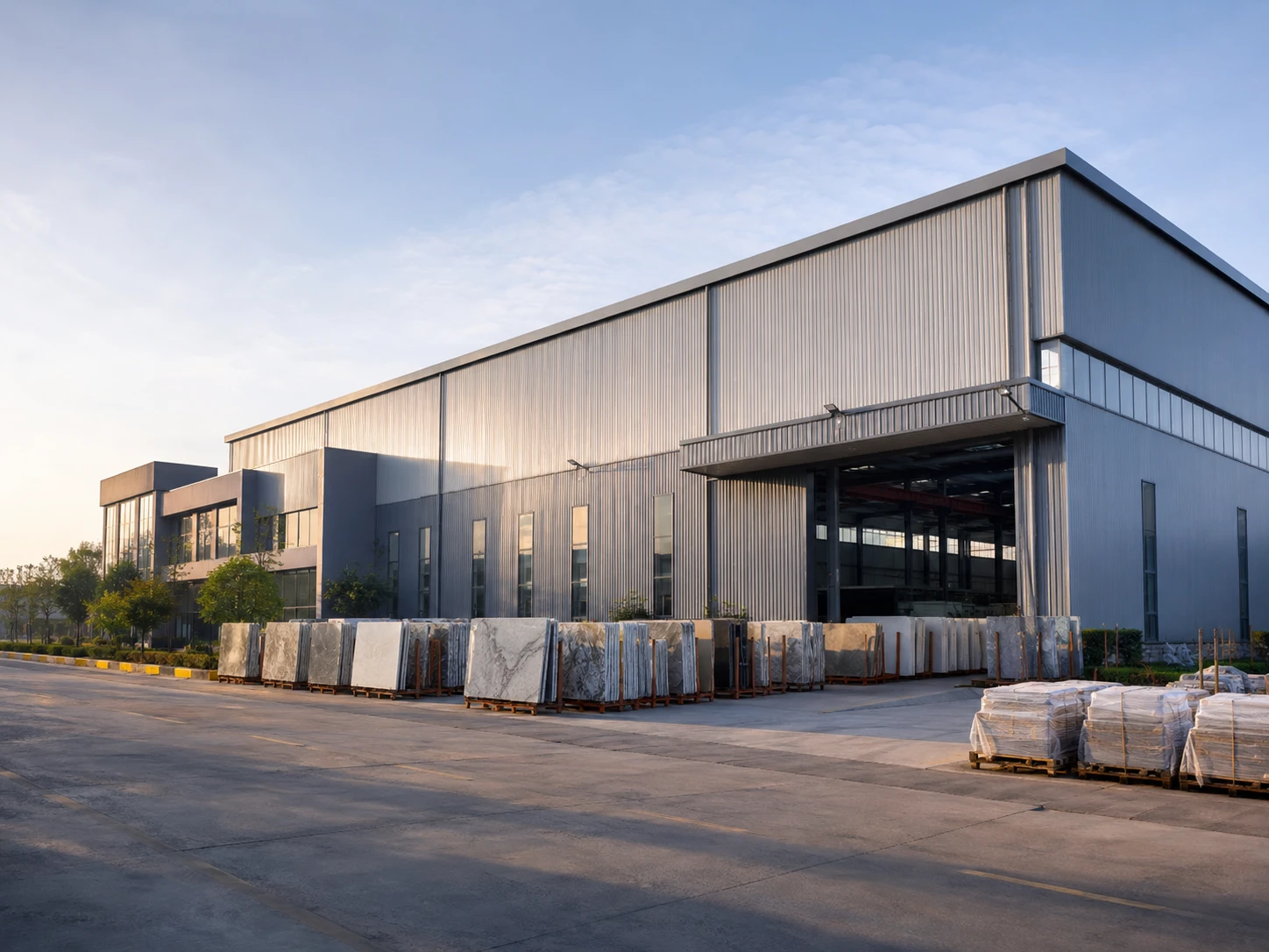 A Malaysia quartz source factory exterior on a clear working morning, with clean industrial buildings, organized slab transport areas, and a few covered pallets waiting near the loading zone. Soft side light highlights the factory facade and paved yard, shot from a slightly elevated three-quarter angle with balanced negative space for a calm B2B procurement mood.