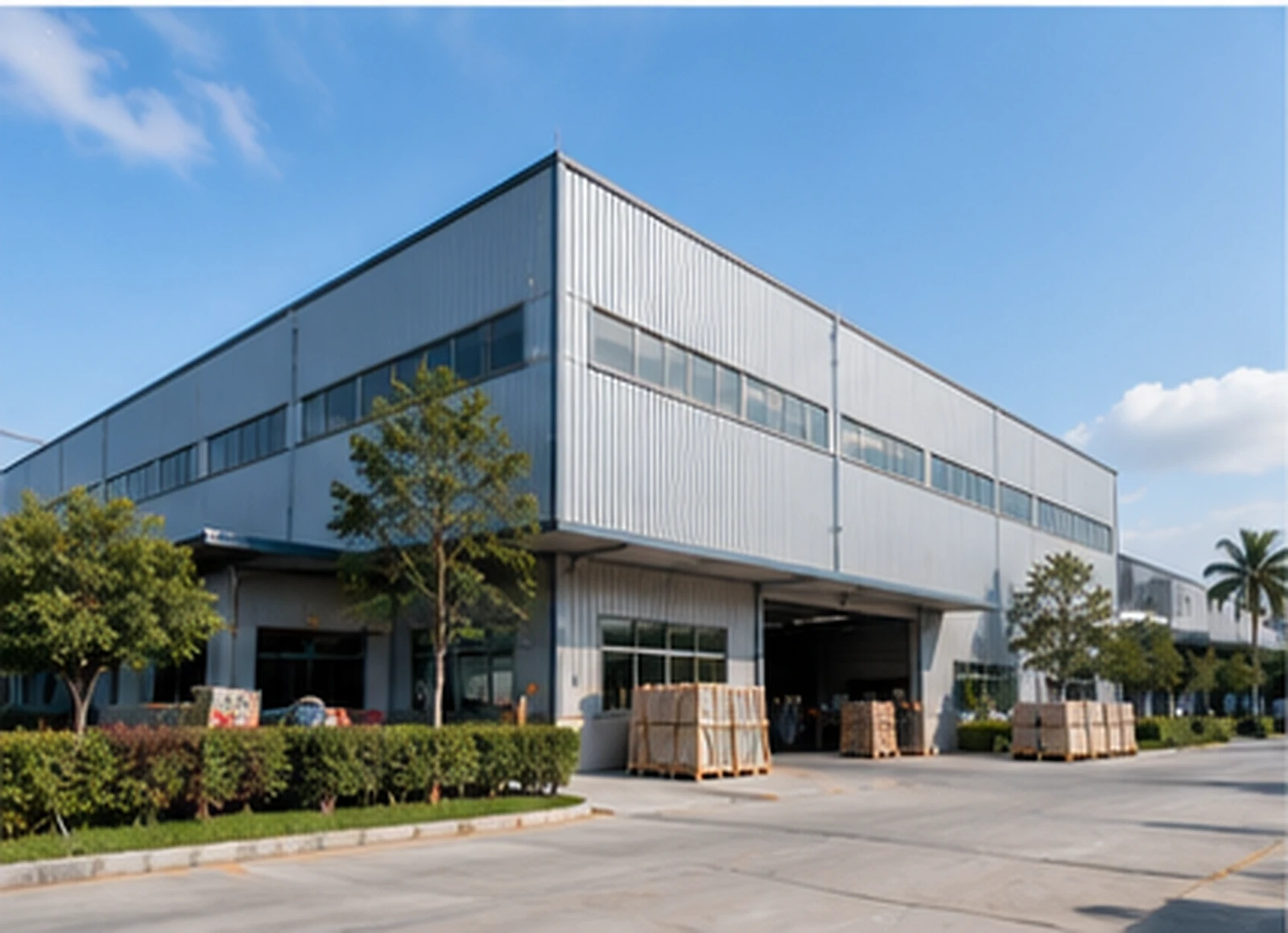 A Malaysia quartz factory exterior on a clear morning, with a clean industrial facade, loading driveway, stacked pallets near the entrance, and landscaped edges around the building. Soft side light falls across the factory wall, shot from a slightly elevated three-quarter angle with the building centered and open sky providing calm negative space.