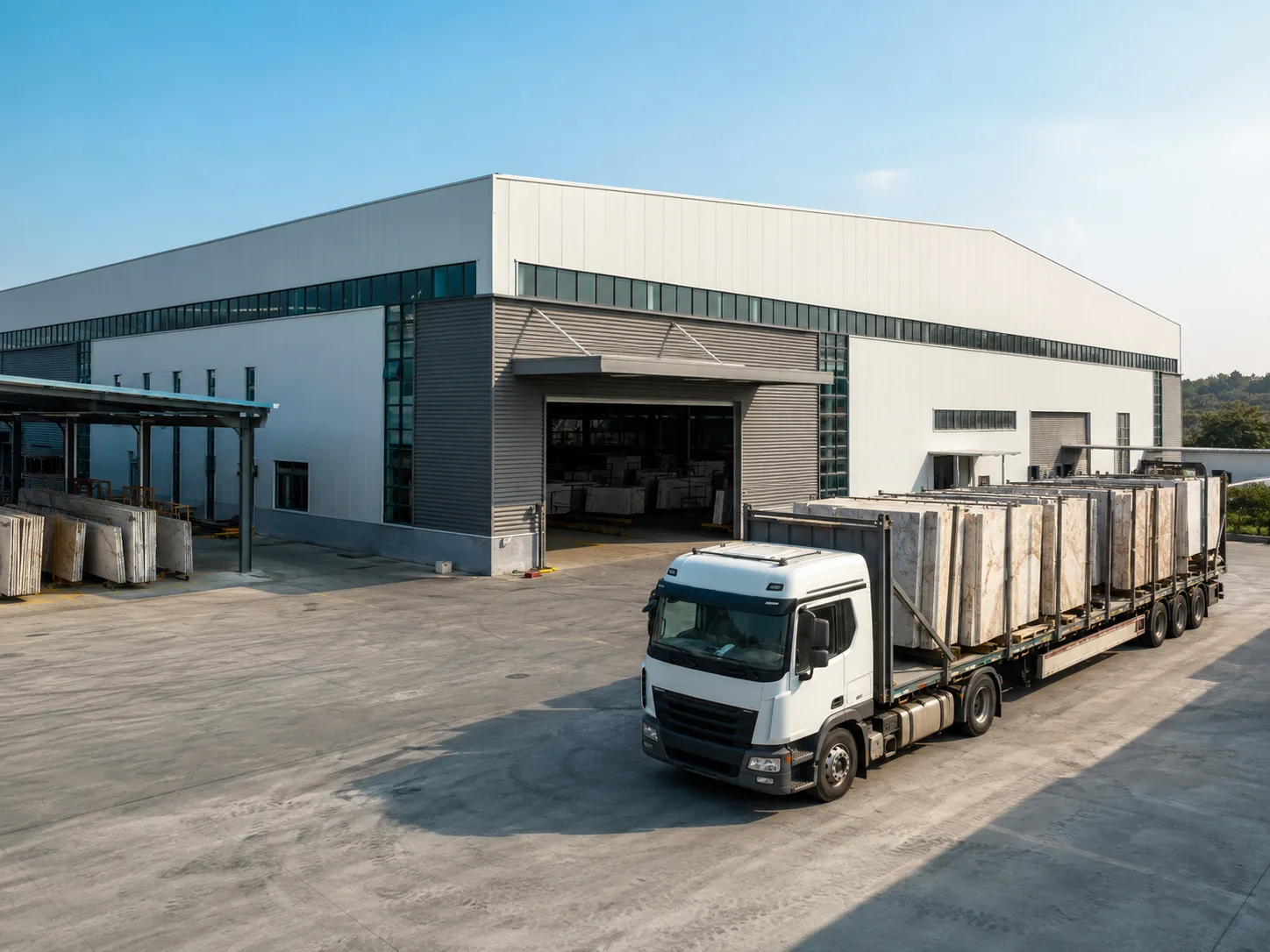 A Malaysia quartz factory exterior on a clear working morning, with a clean industrial building, loading bay, and neatly parked transport trucks visible from a slightly elevated three-quarter angle. Soft daylight falls across the facade, with the main entrance centered and open yard space creating a practical export-supply mood.
