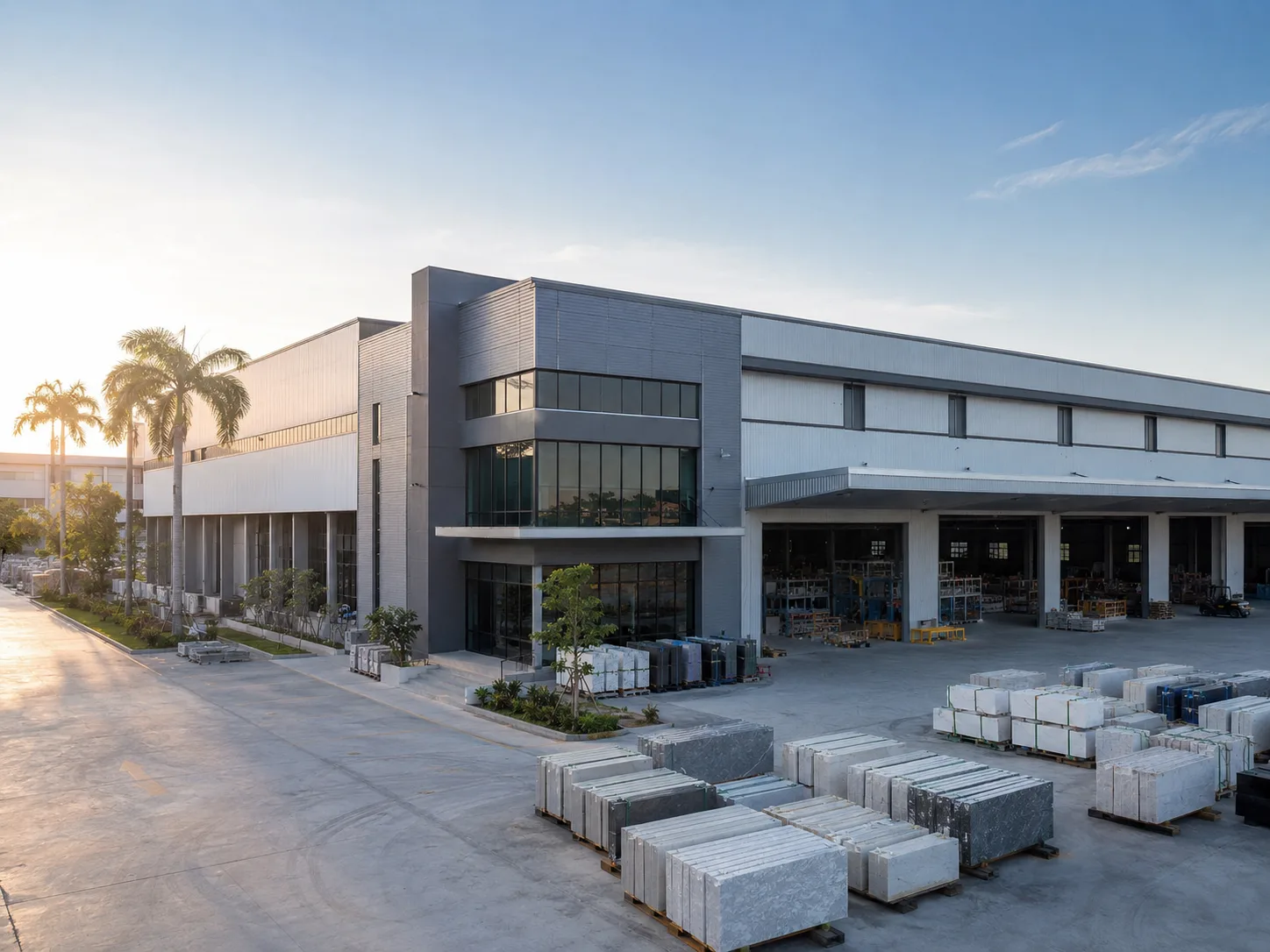 A wide morning view of a Malaysia quartz factory exterior with stacked pallet areas near the loading bay, clean concrete apron, and tropical greenery at the edge of the site. Soft side light comes from the left, and the camera uses a 35mm lens from a slightly elevated three-quarter angle with the main building centered and open sky for negative space.