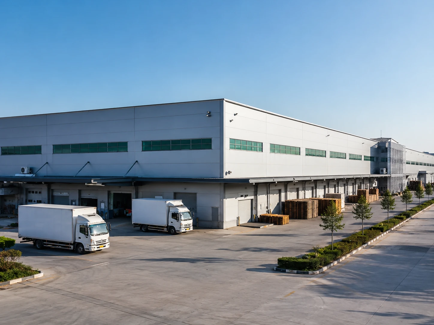 A Malaysia quartz source factory exterior on a clear working morning, with a clean industrial façade, loading bay doors, stacked pallets, and a few trucks parked in orderly lanes. Soft side light falls across the concrete yard, shot from a slightly elevated three-quarter angle with the factory centered and open sky providing negative space.
