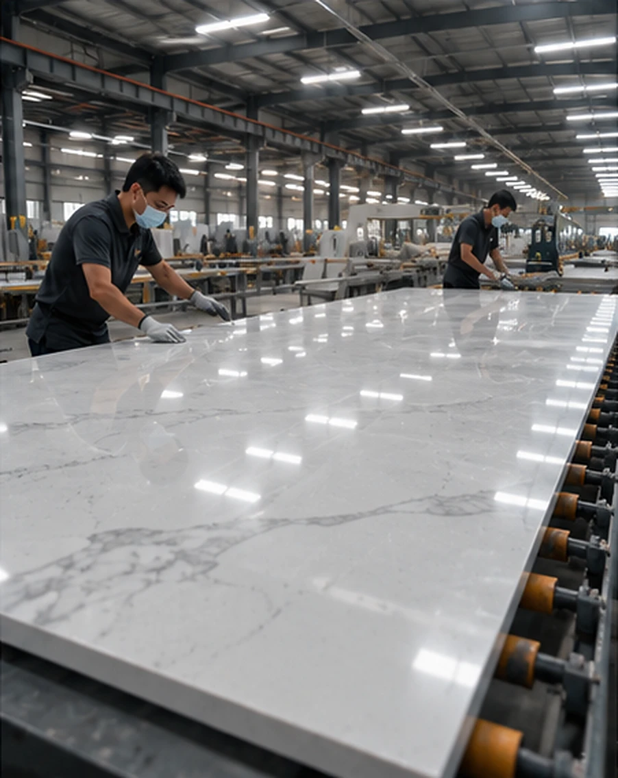 A production workshop scene shows large quartz slabs moving through an inspection and polishing area, with workers checking surface consistency under bright overhead factory lighting. The camera is positioned at a low three-quarter angle near the slab edge, capturing resin gloss, fine speckling, equipment rails, and a controlled industrial mood.