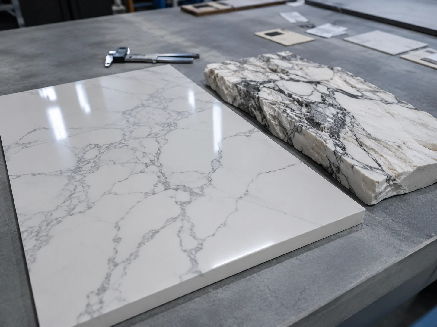 Marble-look quartz slab compared with a natural marble sample on a factory inspection table.