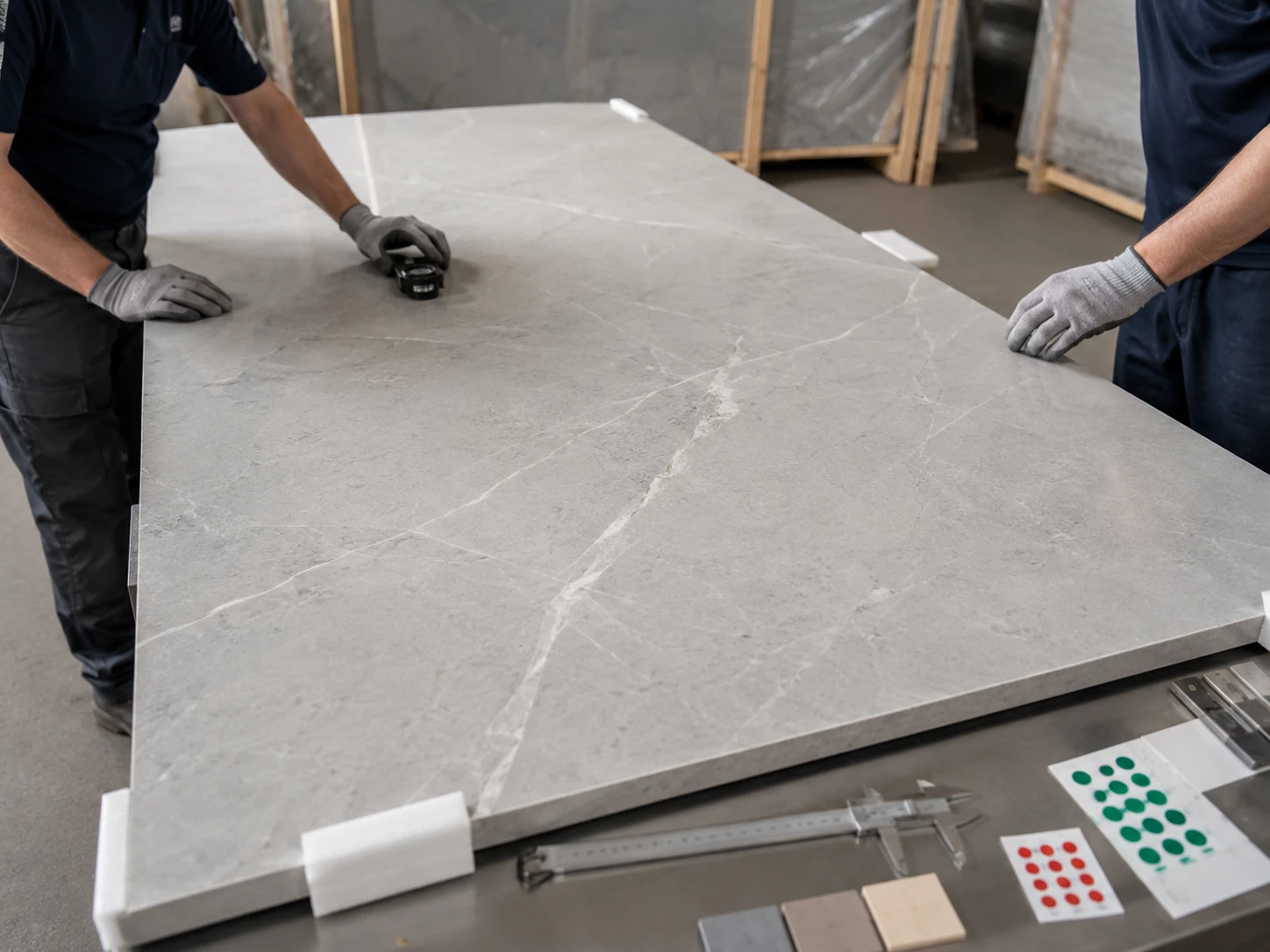 A factory inspection table where two technicians examine a large light grey quartz slab under angled overhead lighting, with calipers, color samples, inspection stickers, and protective corner pads nearby. The camera frames the slab surface from above at a slight diagonal, showing vein continuity, edge straightness, and small surface details. The scene feels orderly, practical, and export-oriented.